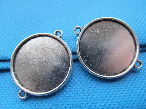 100pcs Antique Silver/Bronze Round Base Setting Tray Bezel Connector Charm,fit 25mm Cabochon/Cameo,Double Same Side,Two Loops