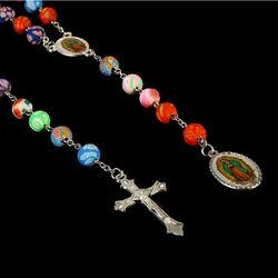 8MM soft ceramic rosary necklace, Catholic soft clay Jesus cross necklace. Guadalupe Madonna Accessories