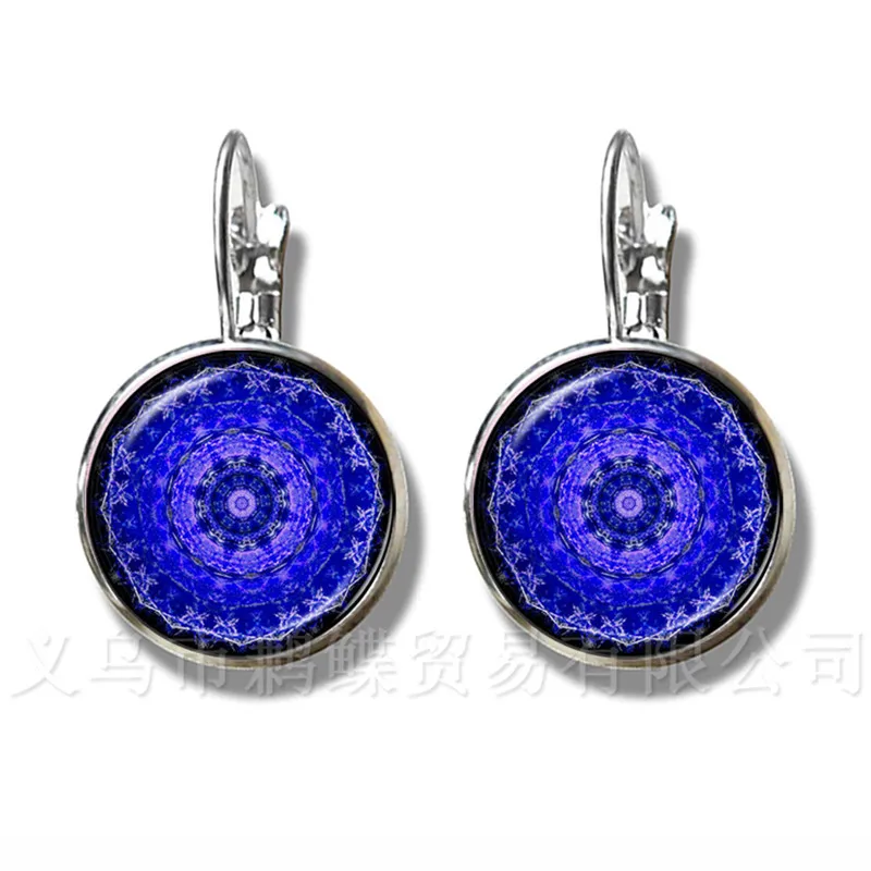 2018 Life Earrings Fashion OM Yoga Chakra Mandala Glass Jewels Sacred Geometric Purple Flower Silver Plated Stud Earrings