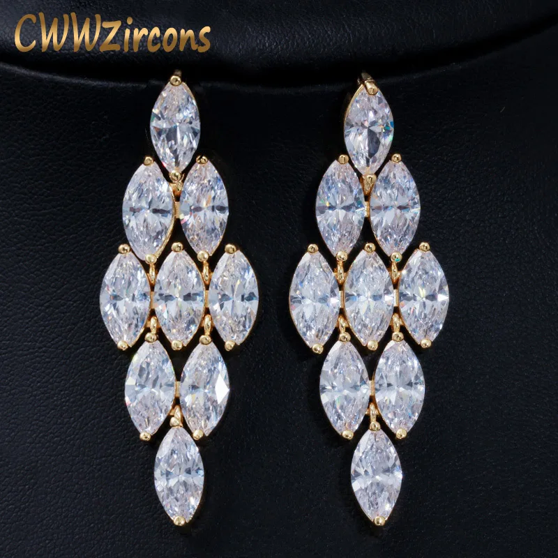 CWWZircons Stunning Marquise Cut Cubic Zirconia Stone Dubai Gold Color Long Big Dangle Wedding Party Earrings for Women CZ570