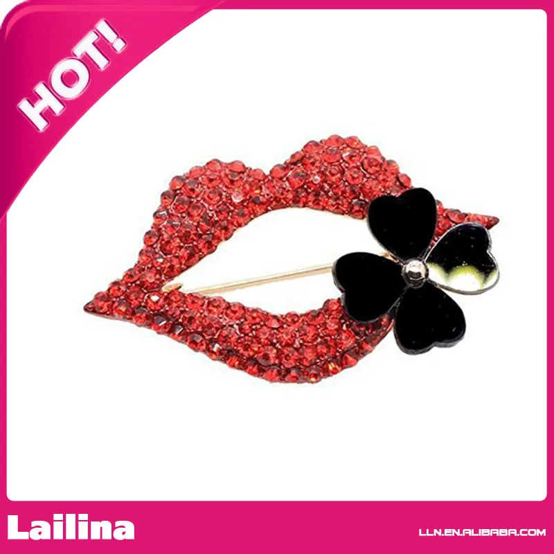 Womens Sexy Red Lip Lucky Clover Pin Brooch