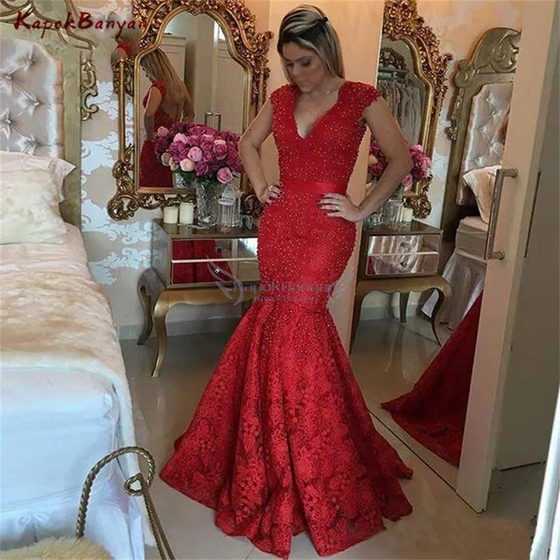 Corpiño de sirena para baile de graduación, vestido rojo de perlas de encaje sin espalda, Sexy con cremallera y botones, 2019, sin mangas