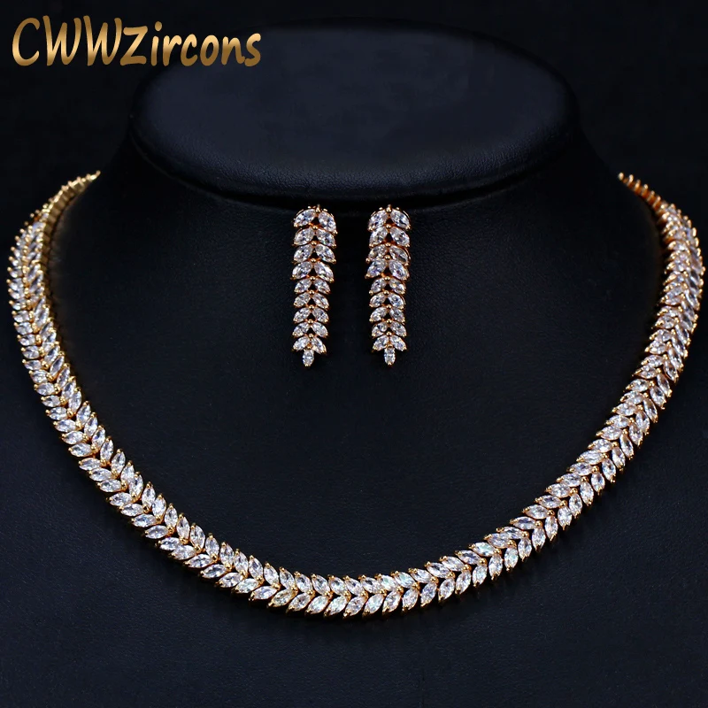 CWWZircons African Cubic Zirconia Pave Saudi Arabia Gold Color Wedding Bridal Necklace Earrings Jewelry Sets for Women T305