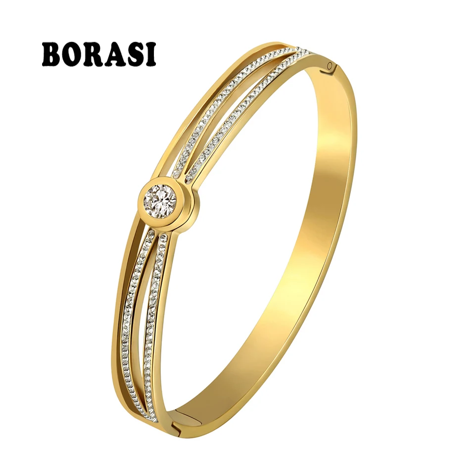 BORASI Charm Heart Bracelets & Bangles For Women Jewellery Gold Color Bangles Austrian Crystal Rhinestone Hand Female Jewelry