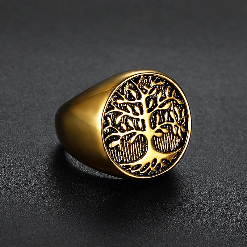 Punk Stainless Steel Titanium Tree Of Life Ring Gold Color Life Tree Rings For Men Ring Jewelry Bague Homme image 3