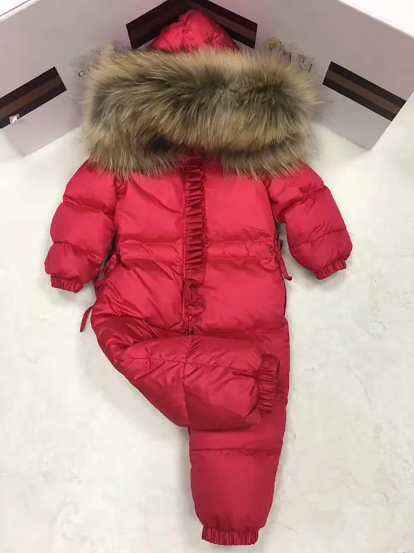 

2022 Winter baby girl down coat Baby clothes print outerwear Fur Hooded children's Snowsuit down coats Child jumpsuit romper