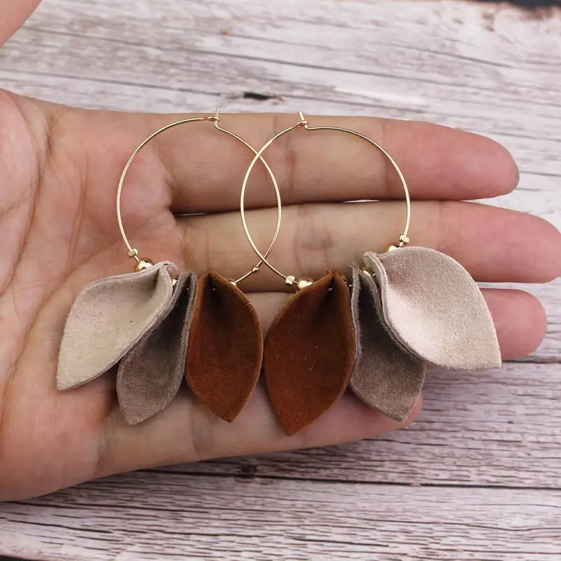 

Trendy 12 Style Rainbow Soft Genuine leather Earrings 3 Layer Leaf-shape Geometric Leather Drop Earrings for Woman Jewelry