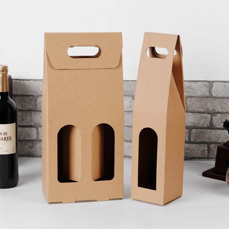 50pcs Kraft Paper Red Wine Box Handheld single/double red wine bag Window gift box lin4012