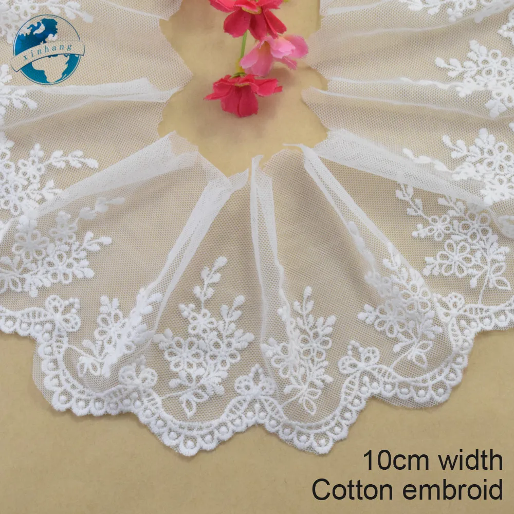 10cm Width White Cotton Embroided Lace Ribbon Guipure Trim DIY Wedding Accessories Dolls African French Lace Applique#2946