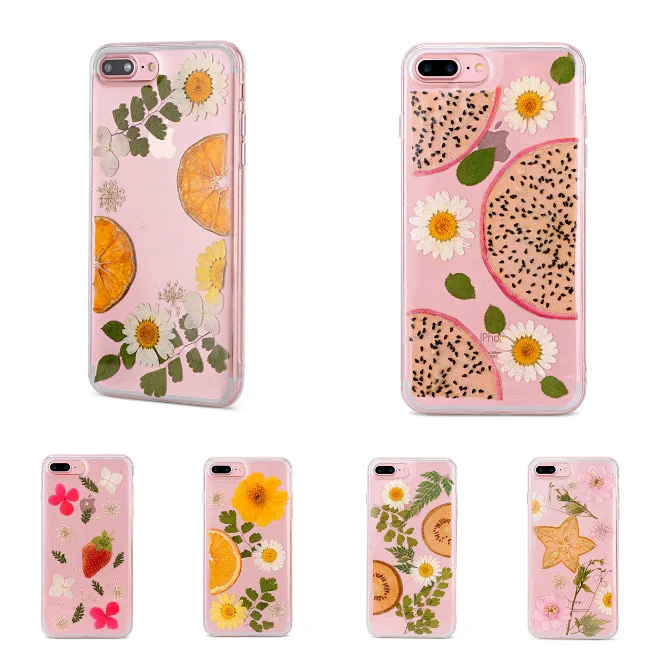 Handmade Pressed Dried Real Flower for iPhone 6 6S Plus 7 7 Plus 8 8 Plus X  Pitaya Chrysanthemum Epoxy TPU Phone Case Cover