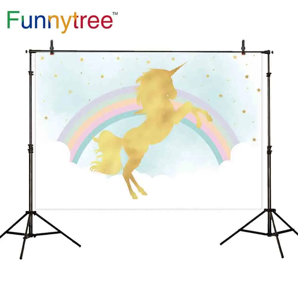 Funnytree photography backdrops rainbow color golden unicorn Silhouette clouds blue sky baby birthday background wallpaper
