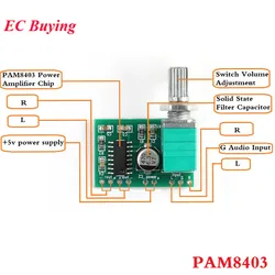 5Pcs/1pc PAM8403 Amplifier Board Mini 5V 8403 Digital Power Audio Amp Module 2 Channel 3W Volume Control USB Power Supply
