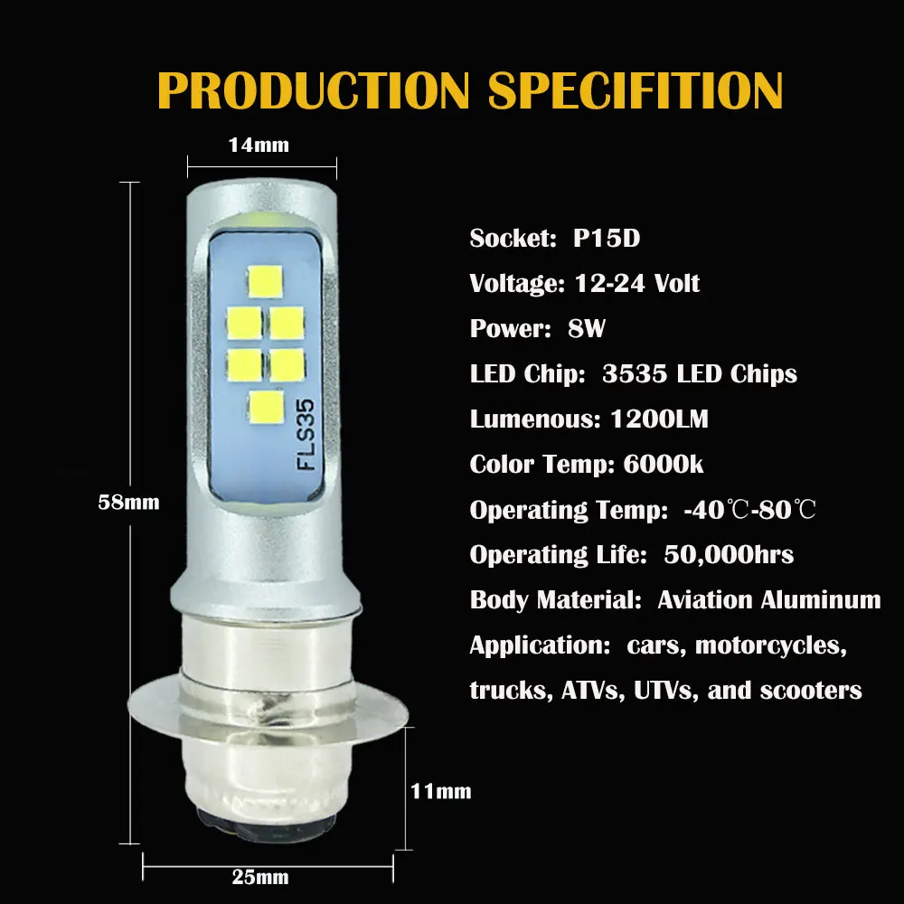 H6M LED P15D Motorcycle Headlight Bulb 1200LM Hi/Low Beam Canbus Error Free Lights Moto Scooter Motorbike LED Fog Lamp White 12V