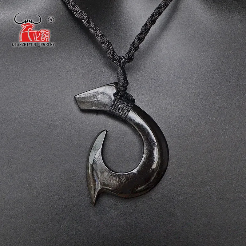 1PC Hawaii Surfer Jewelry Handmade Carved buffalo horn  Fish Hook Pendant New Zealand Maori Tribal Choker WoMen\'s Men\'s Necklace