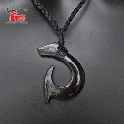 1PC Hawaii Surfer Jewelry Handmade Carved buffalo horn  Fish Hook Pendant New Zealand Maori Tribal Choker WoMen's Men's Necklace