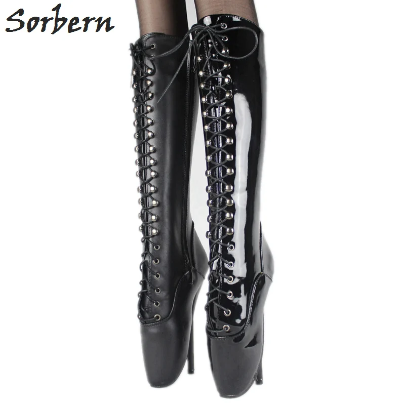 

Sorbern 7 Inch Bondage Footwear Ballet High Heel Mid Calf Boots Women Stilettos Lace Up Side Zippers Shoe Custom Colors New