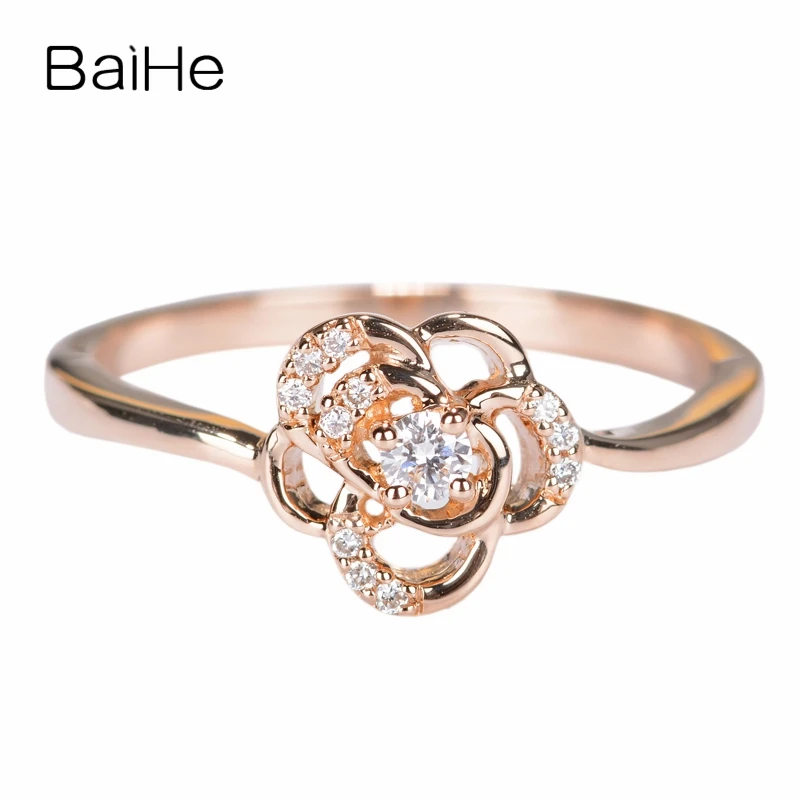 

BAIHE Solid 14K Rose Gold H/SI Natural Diamond Flower Ring Women Lady Girl Trendy Fine Jewelry Making Anillo flores Anel Flores