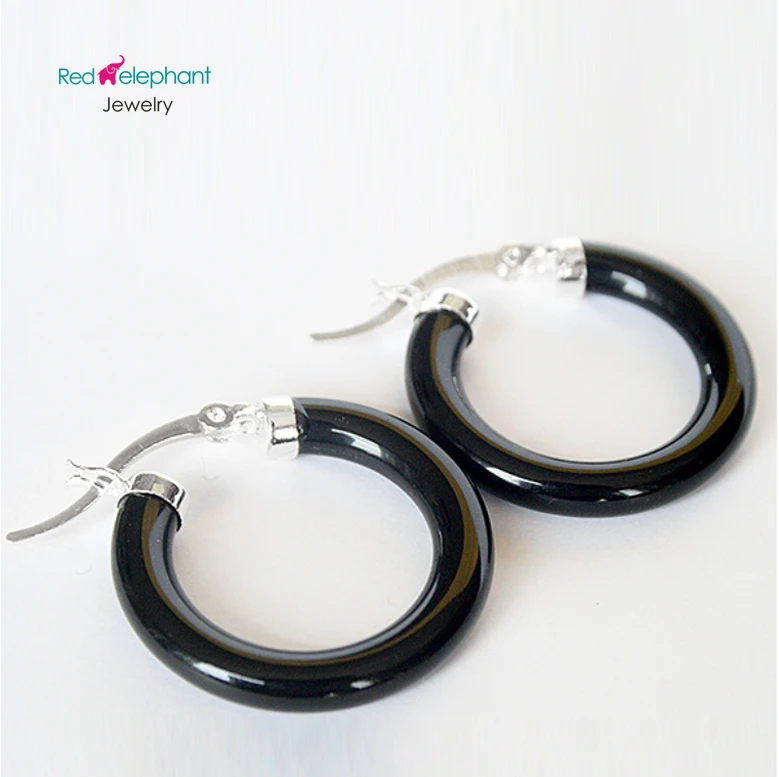 

New Fashion Women's Black Jade 925 Sterling Silver Hoop Earrings