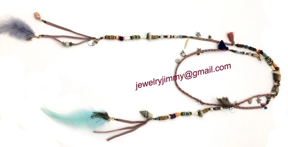 2015New personalized handmade jewelry supplier beaded feather pendant long Necklaces for women Waist chain