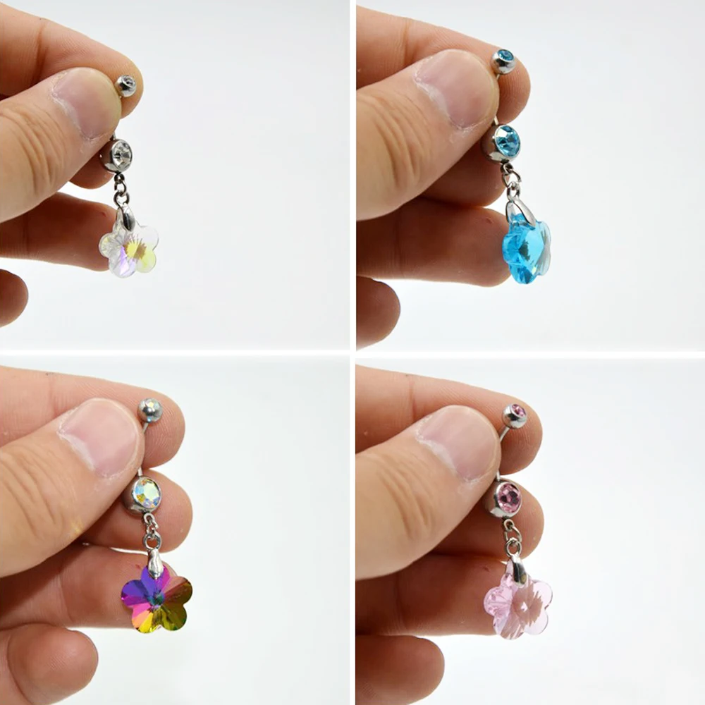 Flower Dangle 316L Surgical Steel Crystal Ray Prism Flower Belly Button Navel Ring Piercing Body Jewelry 14G 3/8