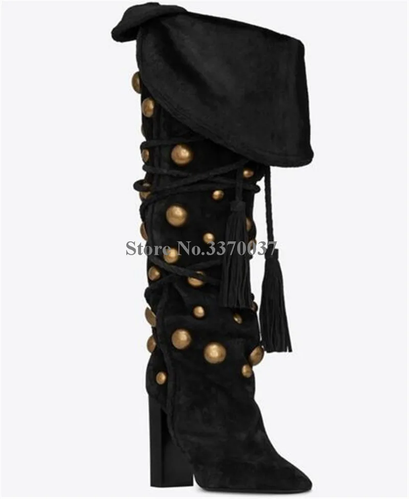 Winter New Fashion Women Pointed Toe Gold Metal Button Rivet Chunk Heel Knee High Boots Lace-up Black Suede Thick High Heel Boot