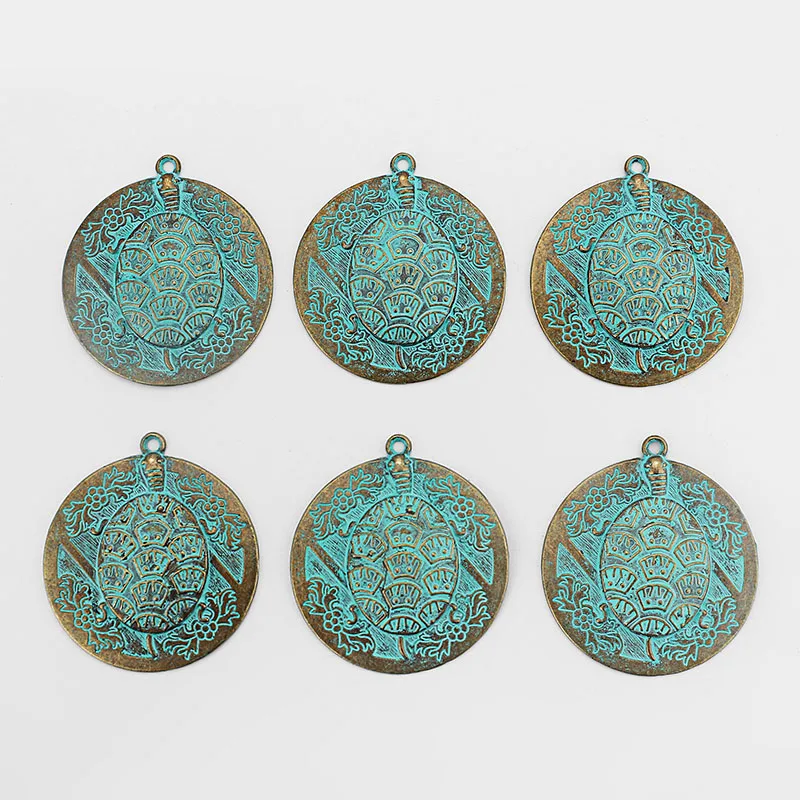 3Pcs Verdigris Patina Large Round Carved Tortoise Turtle Charms Pendant Medallion For DIY Necklace Jewelry Making Supplies