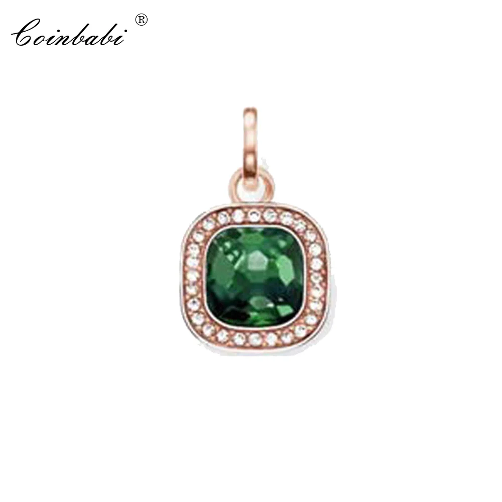 Rose Gold Color Green Stone Pendant 925 Sterling Silver For Women Fashion Glam Gift Europe Key Chain Pendant Fit  Necklace