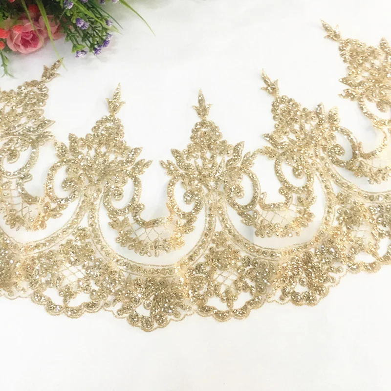 5 Yards Champagner Gold Spitzenbesatz Bronzing Bohrer Perlen Pailletten Stoff DIY handgemachte Band Hochzeitskleid Kleidung Zubehör