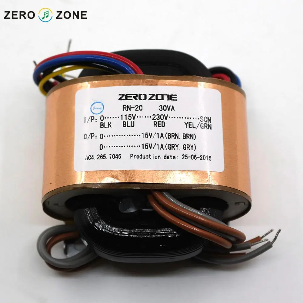 30W (115V-230V) Dual 15V / 1A R type transformer with copper foil shield