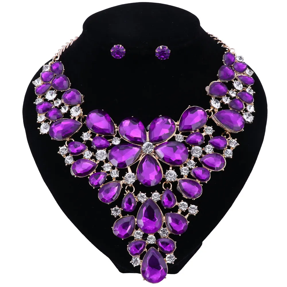 New Hot Ultra-luxury Bohemia Exaggerated Crystal Necklaces & Pendants Crystal Flower Statement Necklace earings For Women alloy