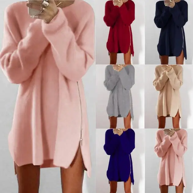 Women Long Sleeve Autumn Winter Knitted Zippers Side Jumper Sweater Dress Loose Tunic Baggy Dresses