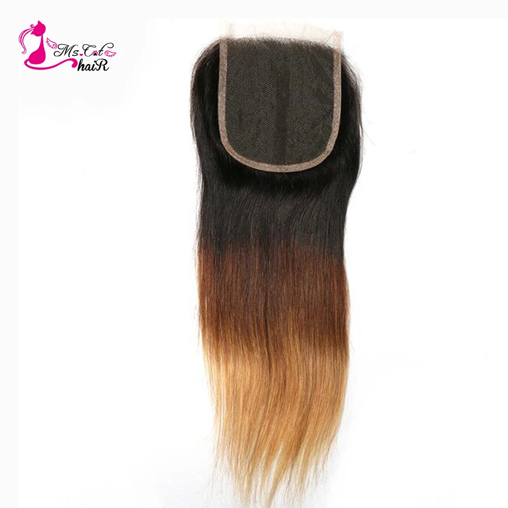 

Ms Cat Hair Ombre Color 1B/4/27 3 Tone Brazilian Straight Hair 4''x 4'' Free Part Swiss Lace Closure Remy Human Hair Closure