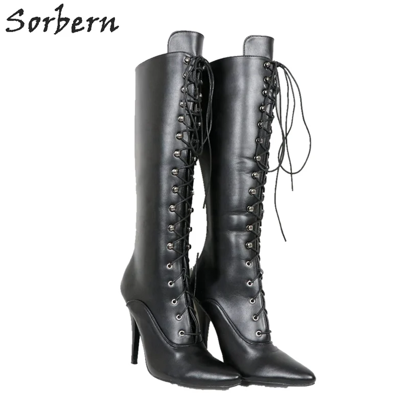 Sorbern Mode Kniehohe Stiefel Für Frauen Lace Up Nach Breite Fit Kalb Stiefel Frauen Schuhe Größe 42 Große Größe harte Welle Boot