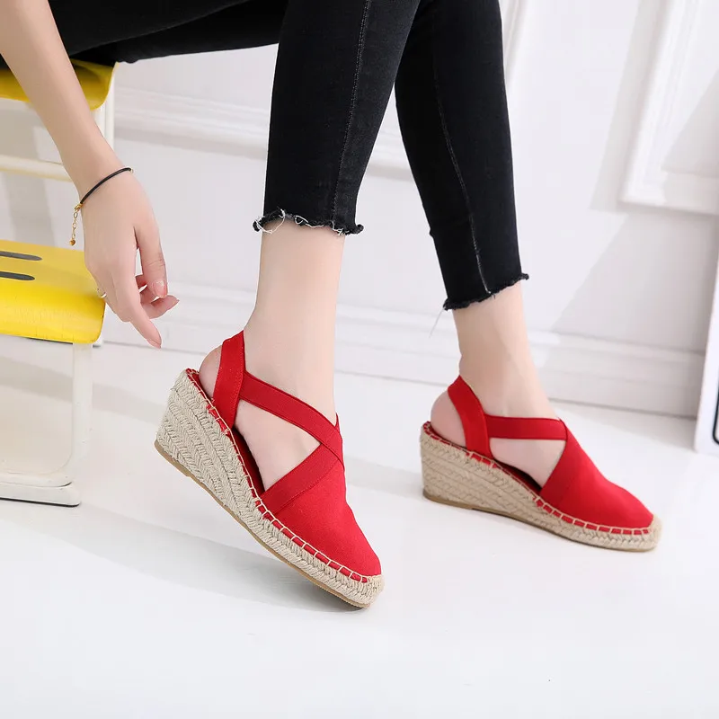 Summer Striped Platform Sandals Wedges Shoes For Women Hemp Rope Bottom Women\'s Espadrilles High Heels Slip On Canvas Fisherman