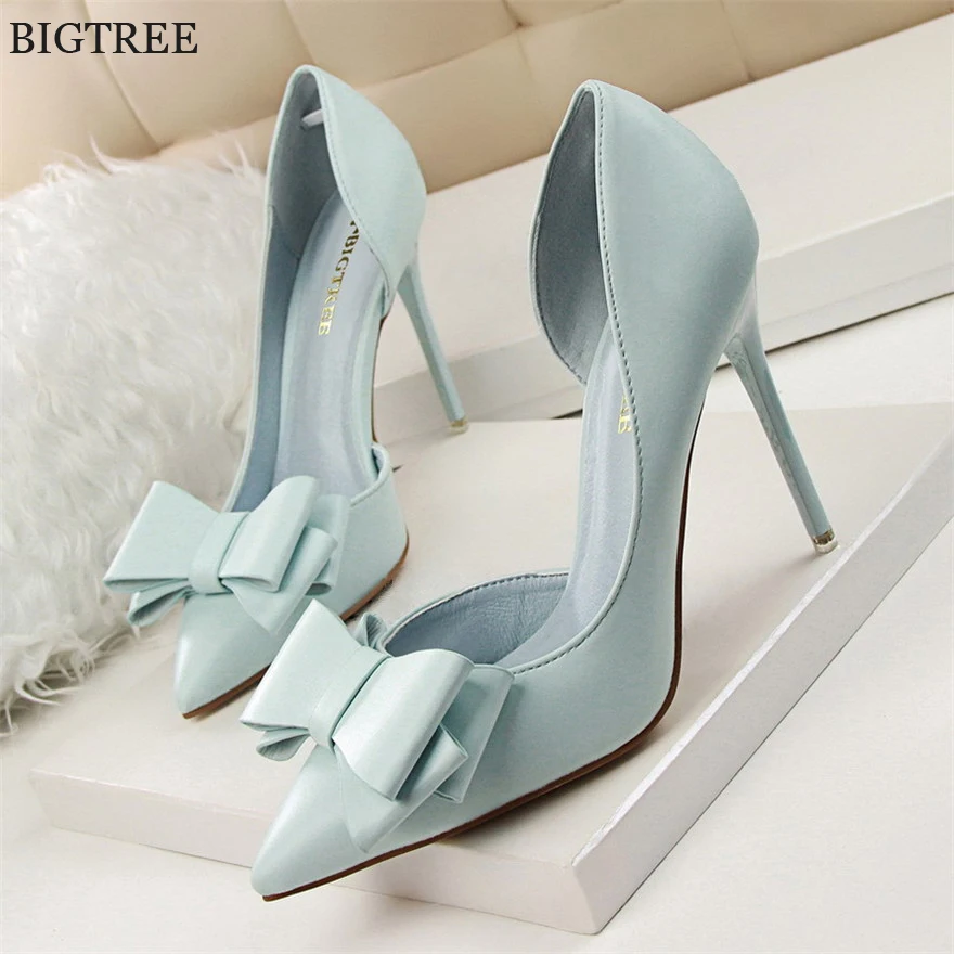 

Sweet Bowknot Shallow High Heels Shoes PU Leather Women Pumps Autumn Pointy Toe Sexy Ladies Side Cut-Outs 10.5CM thin Party Shoe