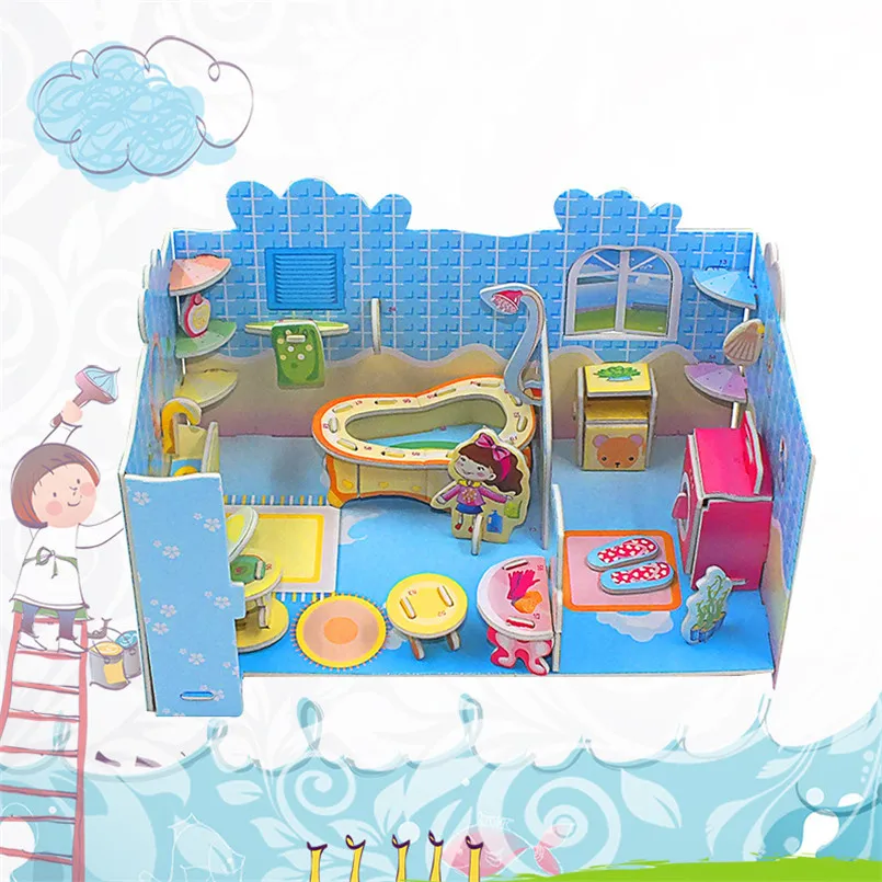 Meisjes Speelgoed 3D DIY Slaapkamer Papier Poppenhuis Puzzel Kinderen Miniatuur Roze Zoete Jigsaw Handgemaakte Poppen Huis Speelgoed Voor Kinderen