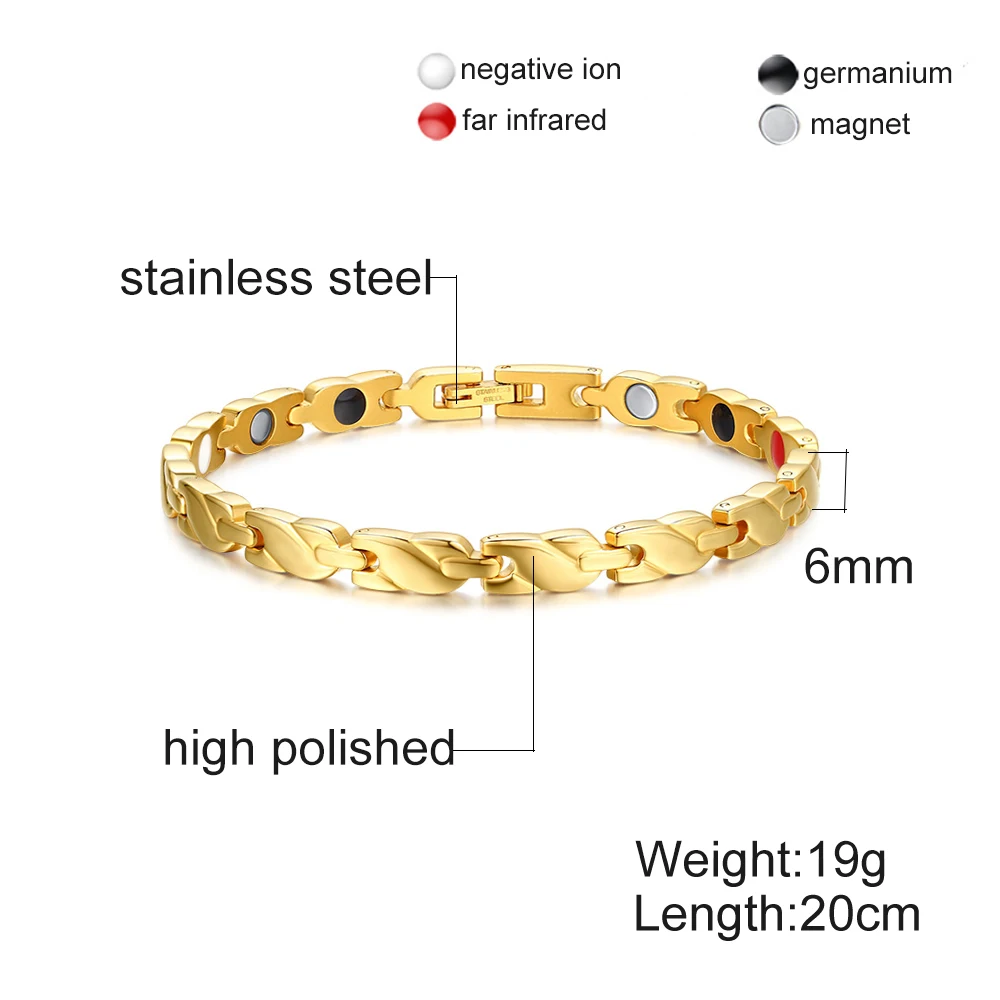 Vinterly Magnetic Women Bracelet Chain Gold-color Cross Stainless Steel Healthy Energy Magnetic Bracelets Bangles for Women