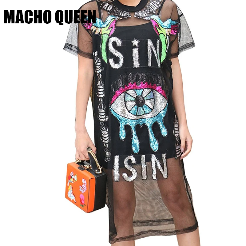 Burning Man Costumes Holographic Festival Rave Outfits Clothes Wear Loose Shirt Dress Women Black Mesh Dress