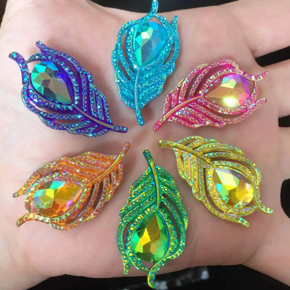 10PCS  AB Resin 3D Peacock Feathers Flat back rhinestone scrapbook DIY Wedding buttons for clothing appliques  SW19*2