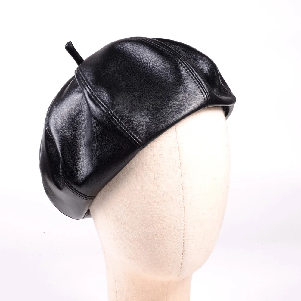 Women's genuine Leather Lambskin Beanie Beret Round Octagonal cap Newsboy hat/cap