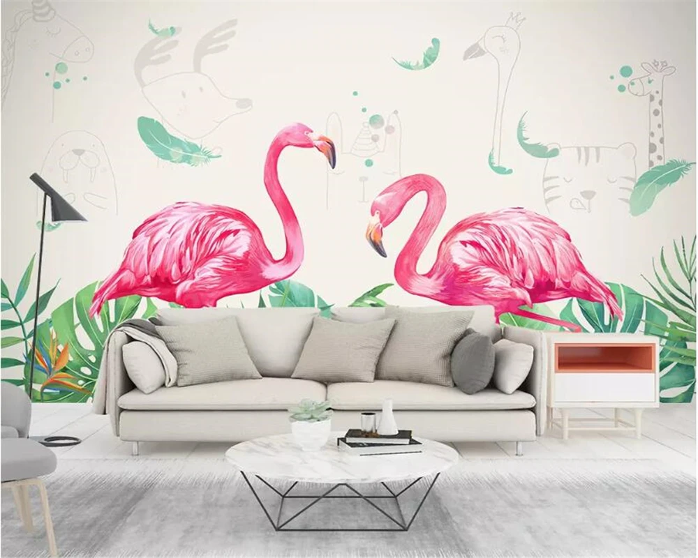 Beibehang Custom wallpaper mural hand-painted leaf flamingo children's room kindergarten wallpaper background wall 3d wallpaper