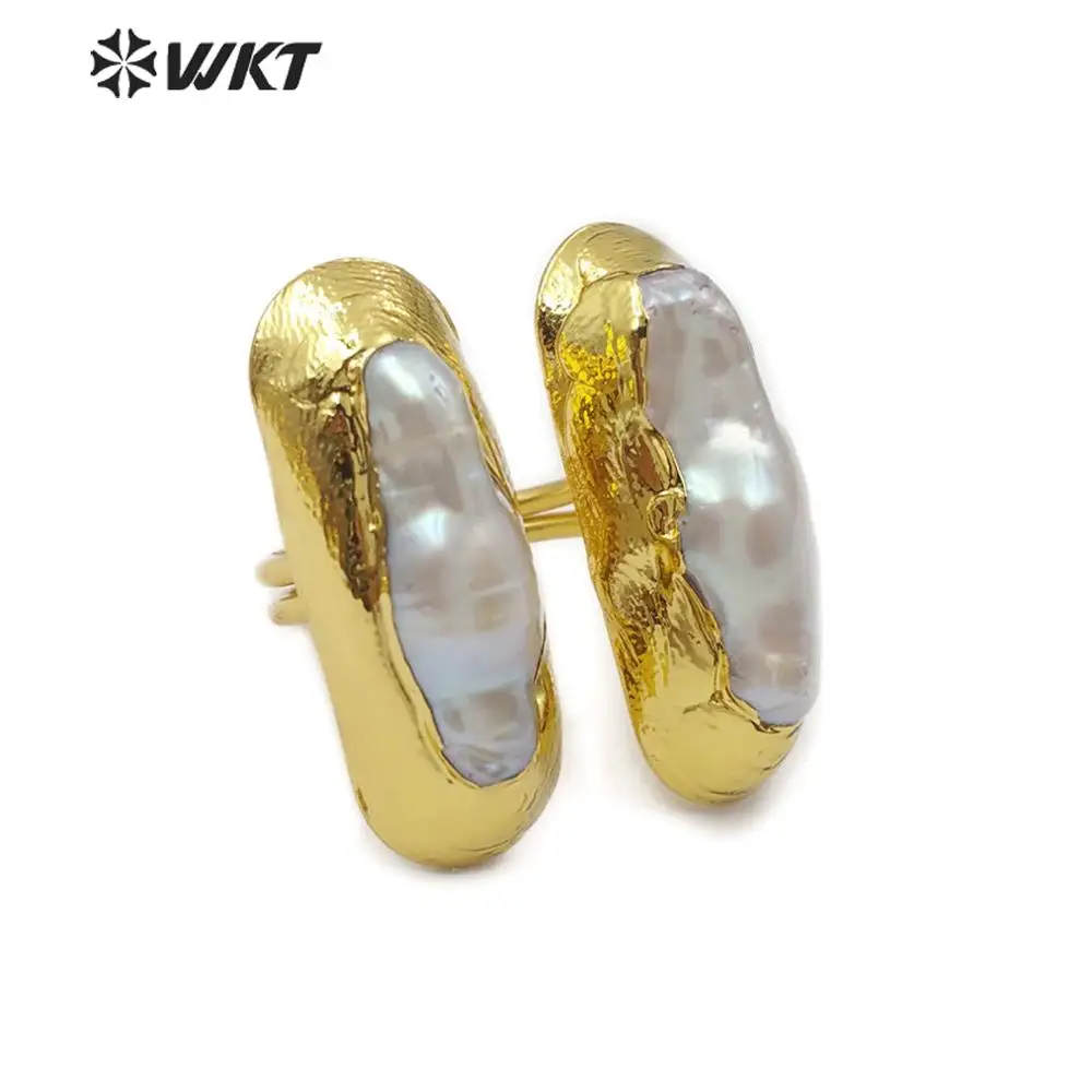 

WT-R332 Freshwater Pearl Ring Double White Pearl With Gold Electroplated Ring Women Pearl Jewelry Adjustable Ring