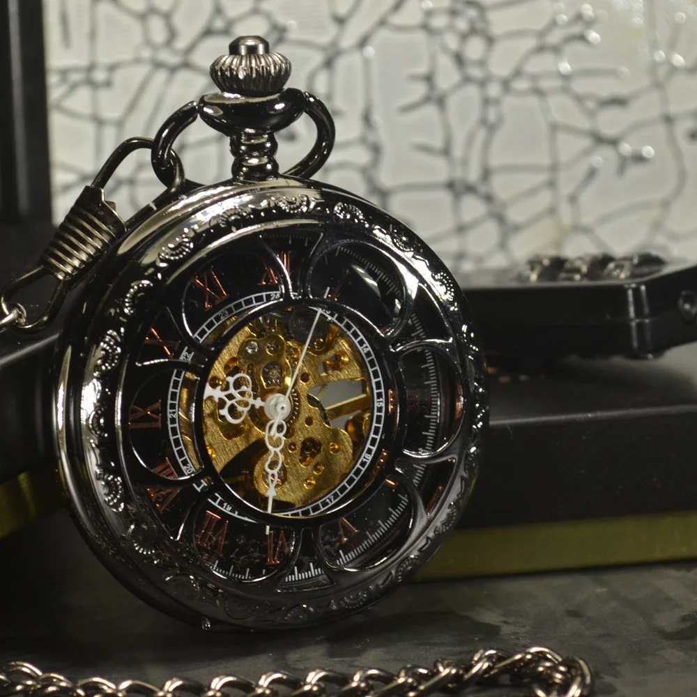 TIEDAN Steampunk Luxury Fashion Antique Skeleton Mechanical Pocket Watch Men Chain Necklace Business Casual Pocket & Fob Watches