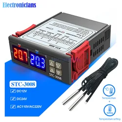 STC-3008 DC 12V 24V AC 110V 220V 듀얼 디지털 온도 조절기 듀얼 출력 온도 조절기