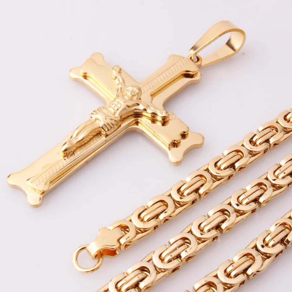 

High Quality Gold Color Stainless Steel Jesus Cross 18-30" Pendant Necklace 6mm Link Byzantine Chain Choker Necklaces Men