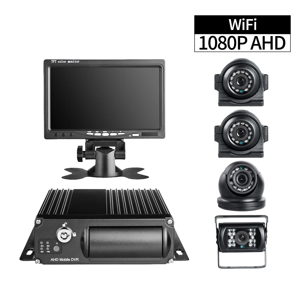 

Remote Viewing 4CH 1080P Vehicle Mobile DVR Kit Audio/Video 256G Car Cycle Recorder with 4pcs AHD 2.0MP Camera and 7inch Monitor