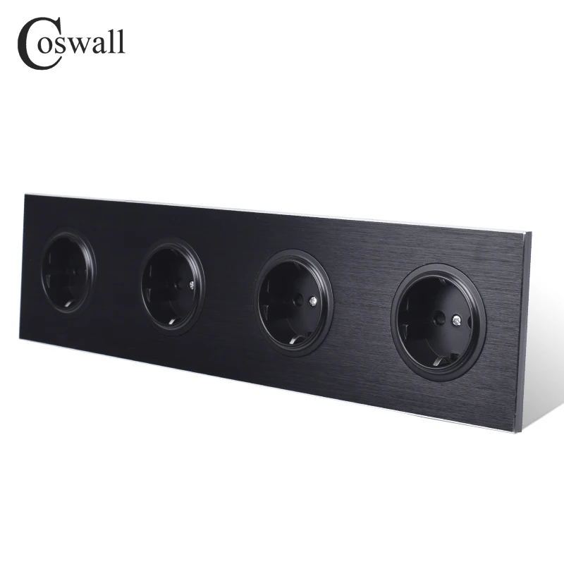 Coswall Black / Silver Grey Brushed Aluminum Metal Panel Quadruple EU Russia Wall Socket Grounded With Children Protective Door