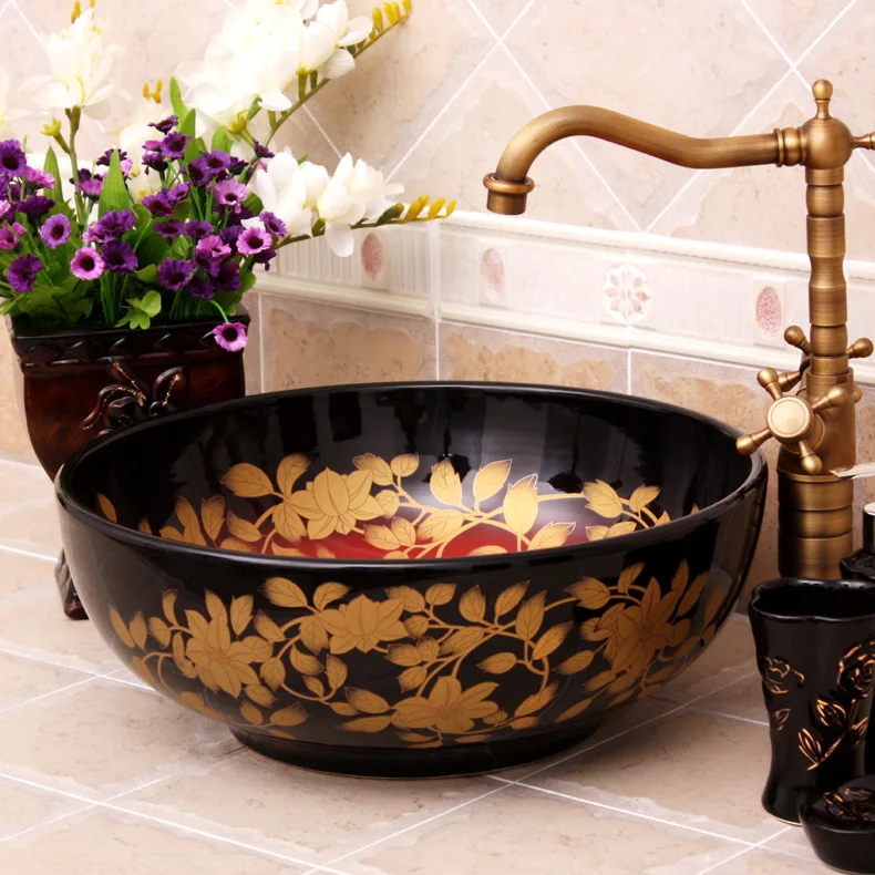 

China Painting hibiscus Ceramic Painting Art Lavabo Bathroom Vessel Sinks Round counter top bathroom hand painted sinks