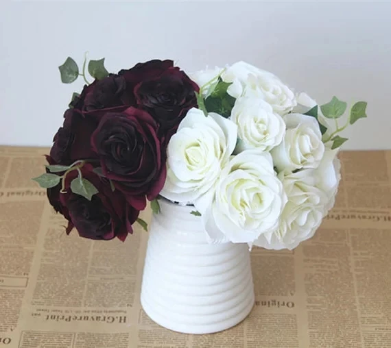 Burgundy Flower Bouquet Silk Rose Flower Dark Red Bouquet Burgundy Brides Bridesmaids Bouquet Artificial Flower Bouquets Silk Ro