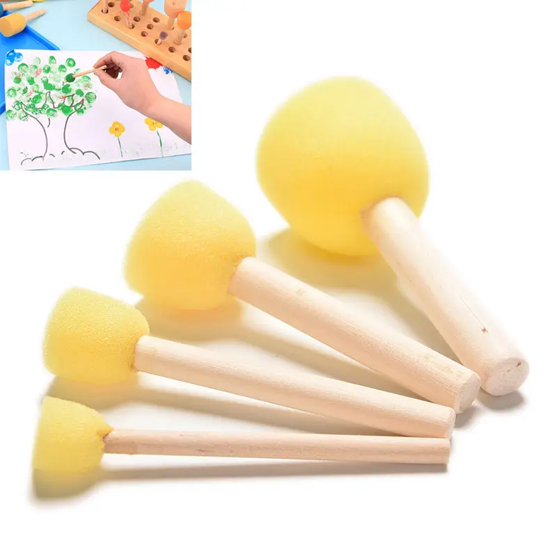 Kid Sponge Paint Brush Orinal Wooden Handle Painting Graffiti Early Toy DIY Art Supplies Gifts 4Pcs/set